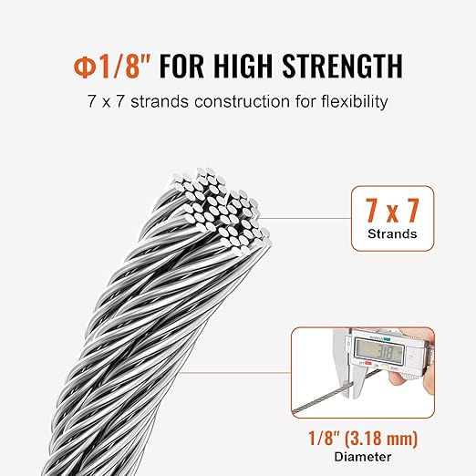 VEVOR Wire Rope Kit, 1/8" 100 ft 304 Stainless Steel Cable with 124 Accessories, 1600 lbs Breaking Strength, 7x7 Strands Construction Marine Aircraft Grade for Handrail Stair Decking Fence Outdoors