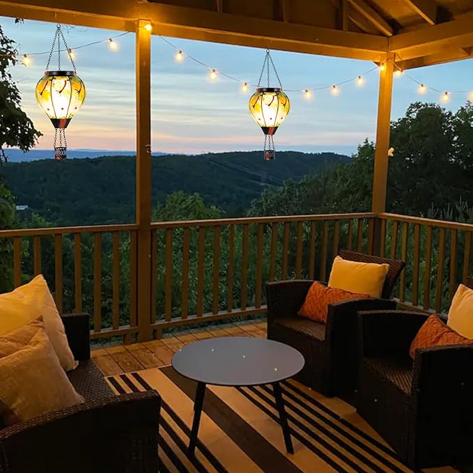 Dragonfly Solar Hot Air Balloon Lantern with Flame, Glass Hot Air Balloon Solar Lantern Outdoor Waterproof, Decorative Hanging Hot Air Balloon Solar Light for Outside Garden Patio Yard