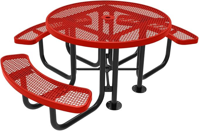 Heavy-Duty Portable Outdoor Picnic Table with Umbrella Hole, Expanded Metal Patio Dining Furniture Made in America (46" Round Top, Red)