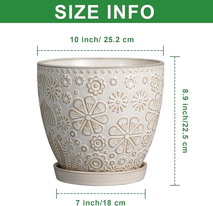 10 Inch Ceramic Planter Pot Large Plant Pot for Indoor Plants Outdoor Round Flower Pot with Drainage Hole and Saucer for Home Garden Decor White