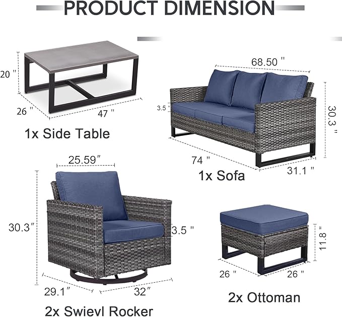 6 Piece Wicker Patio Furniture Set - Outdoor Swivel Rocker Chairs Set with Coffee Table, 3 Seat Sofa & Ottomans, Small Patio Conversation Sets Proch Furniture for Balcony Deck - Grey/Blue