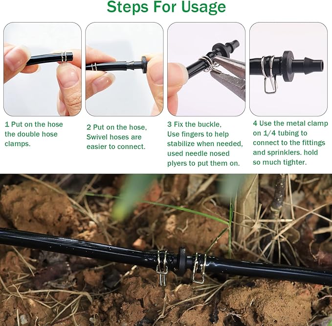 1/4" Irrigation Hose Clamps, 100 Double Line Hose Pipe Spring Clamps, Drip Irrigation Kit Connector Leak Solution