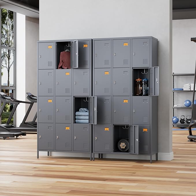 12 Doors Metal Lockers for Employees with 12 Hooks, Storage Locker with Business Card Holder for Office Gym School Bedroom, Assembly Required, Dark Gray
