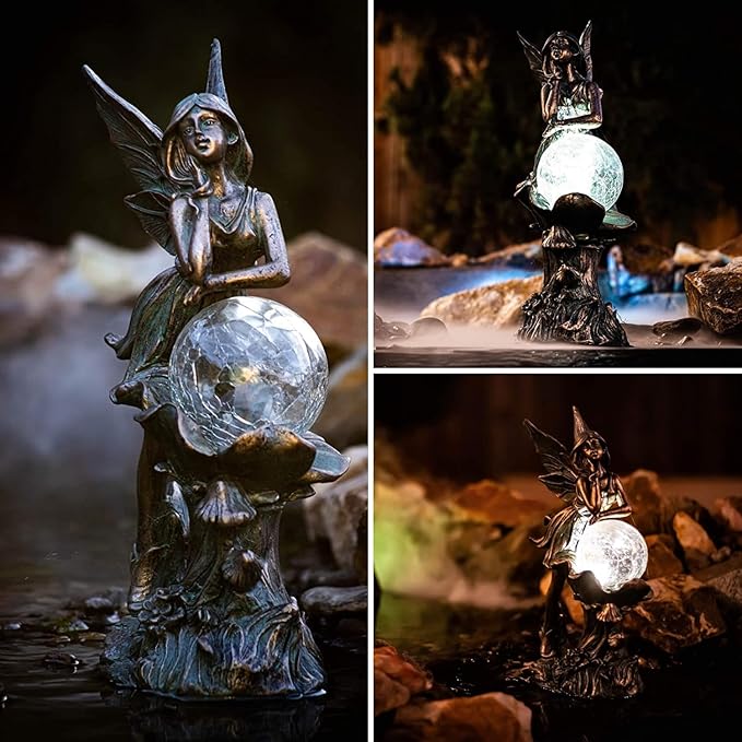 TERESA'S COLLECTIONS Fairy Garden Statues Outdoor Solar Light for Outdoor Decor, Patina Bronze Fairy Resin Garden Decor Sculptures with Crackle Glass, Lawn Ornaments Yard Decor Gifts for Mom, 12.4"