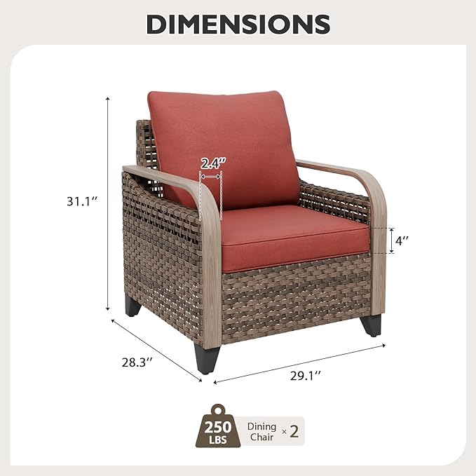 EAGLE PEAK Modern Wicker Outdoor Chair, Patio Chair Curved Armrest, Rattan Patio Furniture for Yard Deck Porch Garden, 2 Chairs, Brown/Red