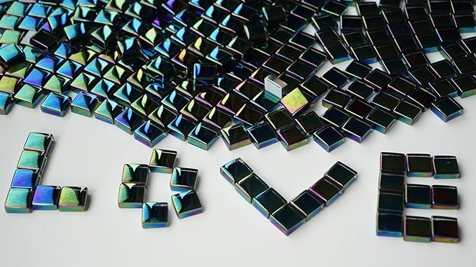 Iridescent Square Mosaic Tiles for Crafts, 300G Small Crystal Mosaic Glass Pieces Bulk for Mosaic Beginner, 0.41”x0.41” Tile for Art Glass Project, Ideal for Handmade Mosaic Home Decor, Black