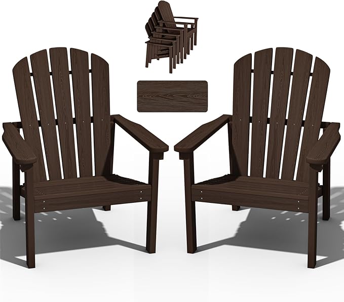 Stackable Adirondack Chair Set of 2, HDPE Outdoor Patio Chair - Durable and Space Saving, Suitable for Porches, Lawns or Garden, Coffee