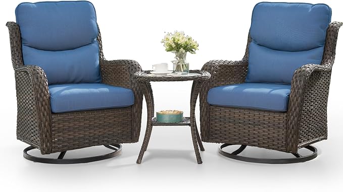 HUMMUH High Back Outdoor Swivel Rocker Patio Chairs Set of 2, with 5-Inch Thick Cushions and Side Table, Ideal for Porch,Poolside, Deck, and Yard