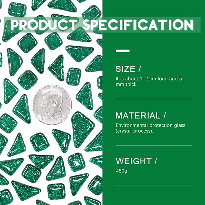 Swpeet 1 Pound Deep Green Shine Crystal Series Mosaic Tiles Assortment Kit, Square and Triangle Genuine Mosaic Tiles Glitter Crystal Mosaic Perfect for Home Decoration Crafts