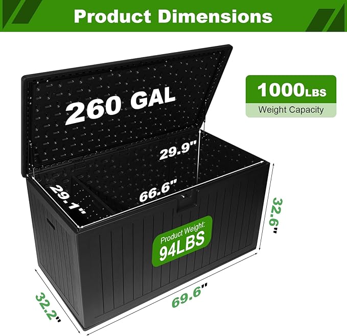 260 Gallon Outdoor Storage Box Waterproof, Extra Large Plastic Outside Deck Box Weatherproof, Resin Patio Storage Bin with Lock and Lids for Pool Equipment and Cushion, Black