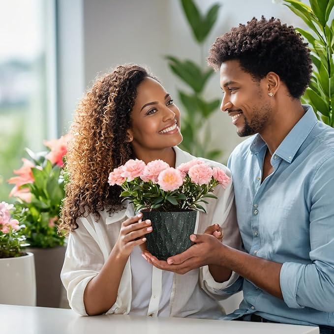 5 inch Plant Pots for Indoor Outdoor Plants, 6 Pack Thick Nursery Pots with Drainage Holes and Saucers, 3D Modern Wave Texture Small Plastic Planter Flower Pots, Black with Green Speckles