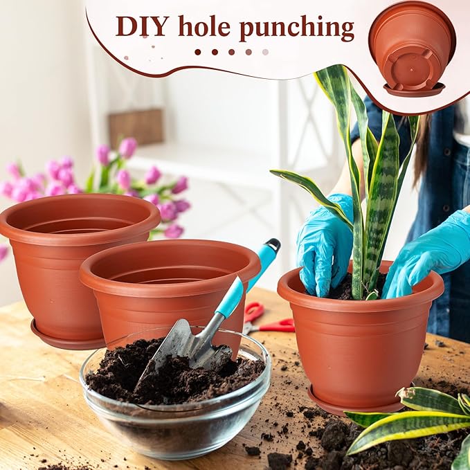 12 Pack 12'' Plastic Plant Pots Round Planter Pots with Saucer Tray Seedling Pots with Holes Seed Resin Plant Pot Starting Nursery Flower Container with Pallet for Garden Outdoor Indoor