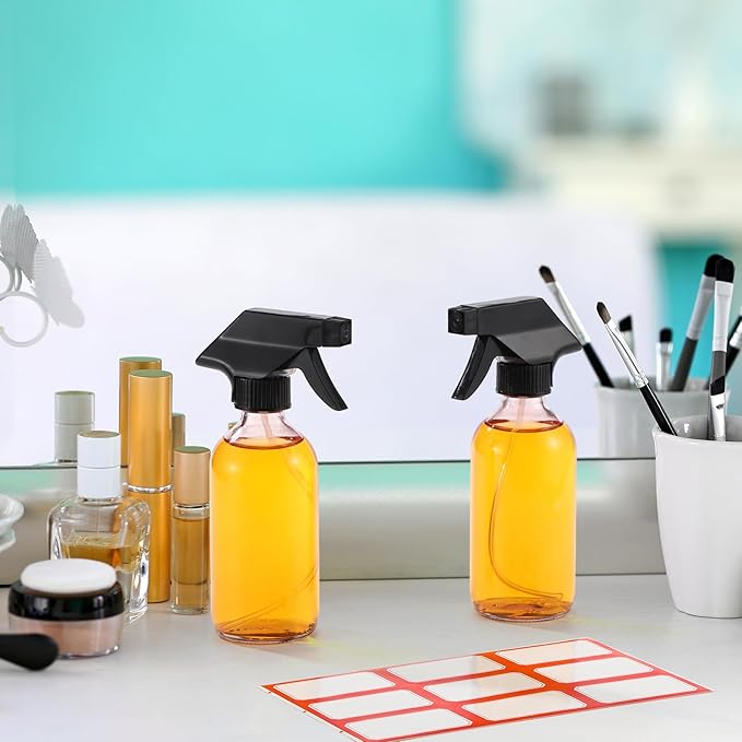 Norme 12 Pcs 8 oz Glass Spray Bottles with Funnels and Labels Refillable Cosmetic Empty Spray Bottles with Sprayer Containers for Essential Oil Cleaning Solutions(Pink,Classic)