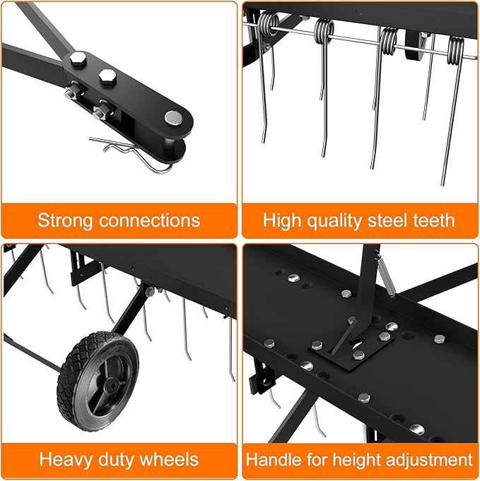 40" Tow Behind Lawn Dethatcher, Pull Behind Rake with 24 Rust-Proof Tines and Heavy Tires, Lawn Tractor Rake with Lift Handle, Black Tow Behind Rakes to Remove Thatch, Leaves from Large Lawn Area