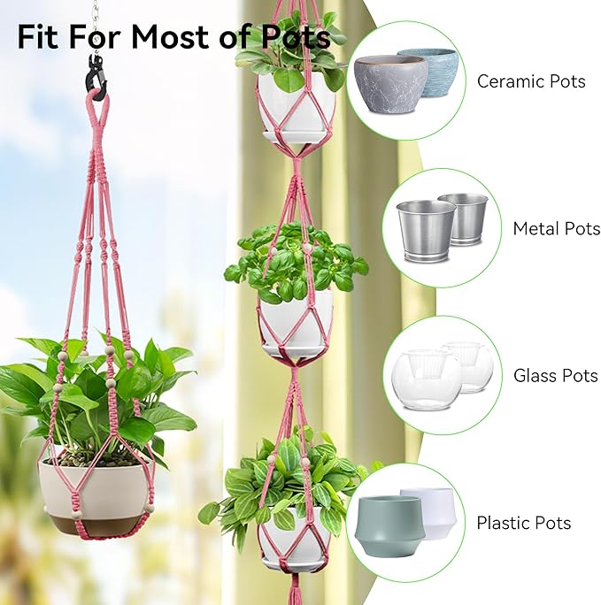 USLAI Macrame Plant Hanger Indoor Outdoor, Up to 4-15 inch Pot, Heavy 20lb Planters, Extra Long Strong Hanging Planter Basket Holder, Boho Home Decor, 35+72 Inch, Pink (POTS NOT Included)