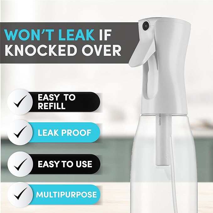 Hula Home Spray Bottle for Hair (20oz/590ml) - Powered by Flairosol® Spray Technology - Continuous Ultra Fine Mist Sprayer – For Hairstyling, Cleaning, Salons, Plants, Essential Oil & More - White