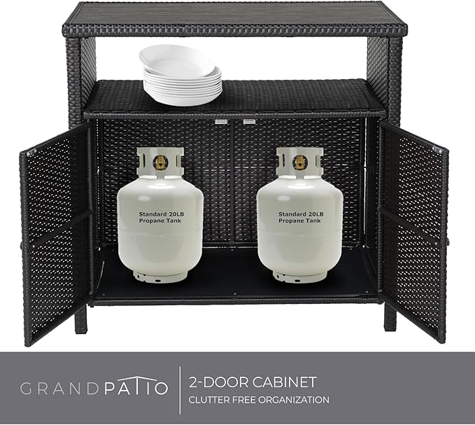 Grand patio Wicker Storage Cabinet Outdoor Waterproof Buffet Cabinet Patio Bar Table with Two Doors and Shelves Wicker Sideboard for Garden Kitchen Pool Dark Brown