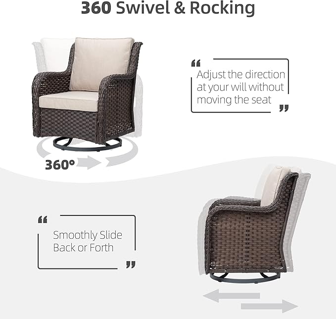 Towallmark Outdoor Swivel Wicker Glider Patio Chairs with Table Set, 3 Pieces Outdoor Bistro Set with 4”Thick Cushions and Coffee Table for Porch, Balcony, Deck (Beige)