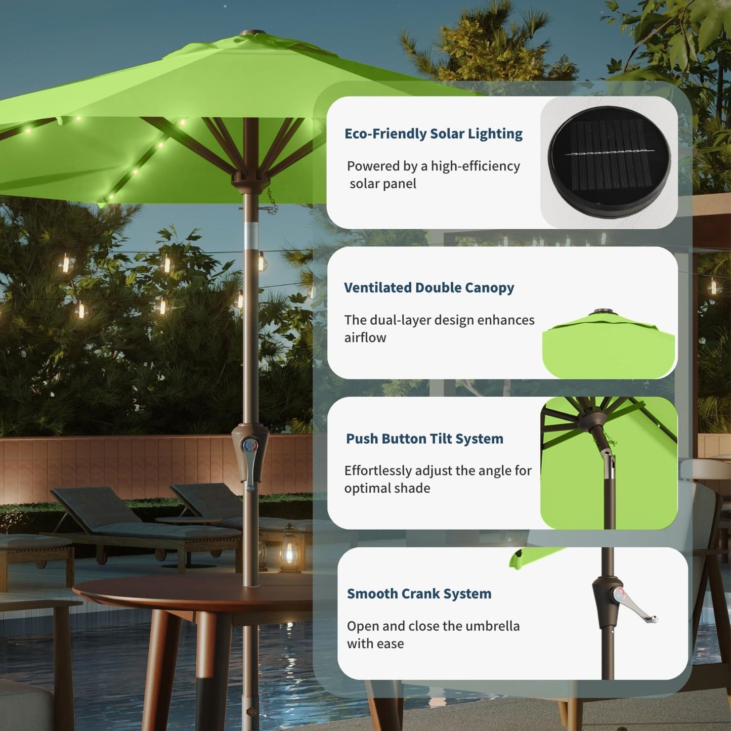10FT Solar Umbrella 32 LED Lighted Patio Umbrella Table Market Umbrella w/Tilt and Crank, UV-Resistant Outdoor Umbrella for Pool, Garden, Deck, Apple Green