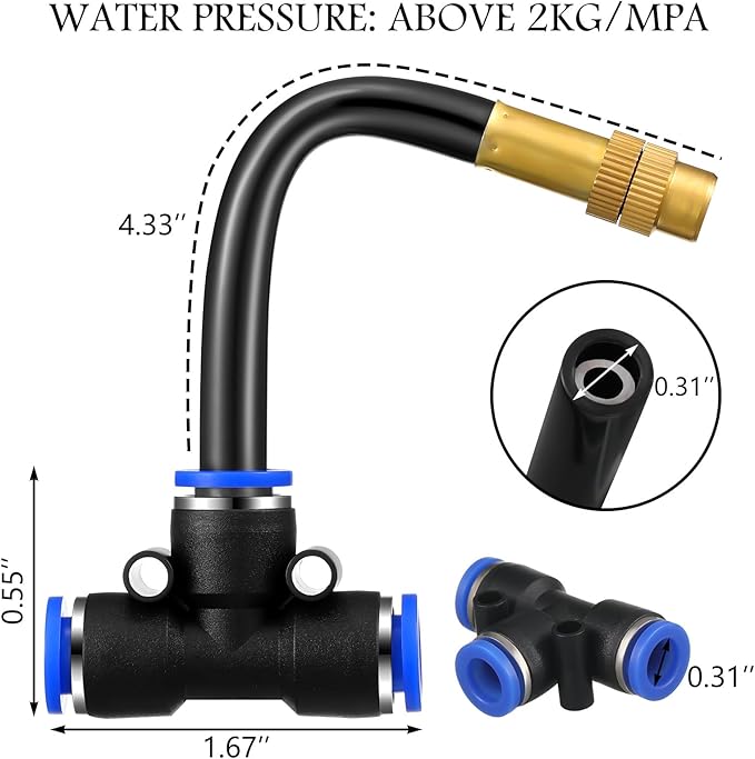 Zonon Brass Misting Nozzles Tee with Built in Hose 360 Degree Rotation Adjustable Water Mister Nozzles Thread Sprayer 0.043" Misting Parts and Accessories for Patio Outdoor Cooling(15 Pcs,4 Inch)
