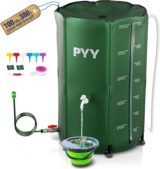 PYY Rain Water Collection Barrel - 100 Gallon Green Water Storage Tank with Spigots, Hose and Portable Bucket, Large Plastic Collapsible Rain Catcher Catchment System to Collect Rainwater from Gutter