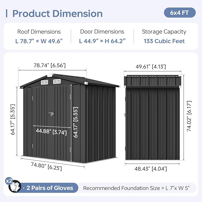 6x4 FT Outdoor Storage Shed with Base, Metal Garden Tool Shed with Sloping Roof & Lockable Door for Patio Lawn Backyard (Black with Base)