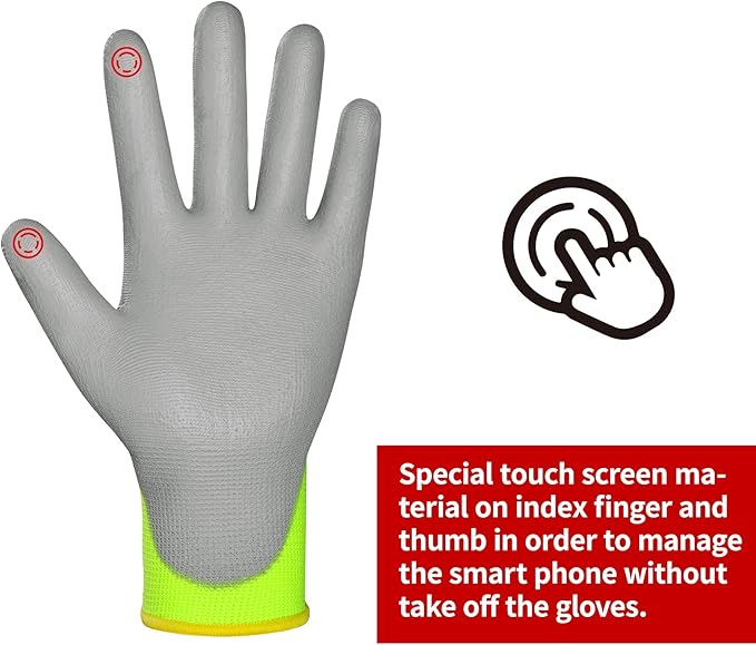 DULFINE Safety Work Gloves PU Coated for Men and Women-12 Pairs,Hi-Vis Seamless Knit Glove with Two Fingers Touchscreen,Ideal for General Duty Work (Large)