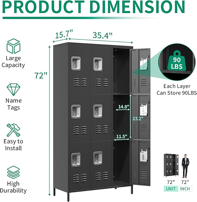 Metal Lockers for Employees, Storage Employee Locker, 72" Storage Lockers with Shelves Steel Cabinet for Home (Black, 9 door-72'')