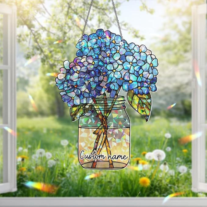 Hydrangea Flower Stained Glass Suncatcher – Acrylic Window Ornament, Sun Catchers Indoor Window Decor for Kitchen and Garden Gift, Housewarming Xmas Gift for Mom, Nana, Grandma