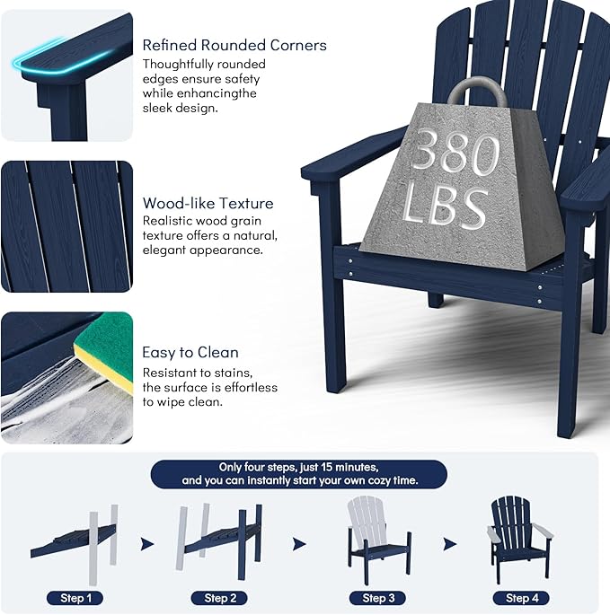 Stackable Adirondack Chair Set of 4, HDPE Outdoor Patio Chair - Durable and Space Saving, Suitable for Porches, Lawns or Garden, Navy