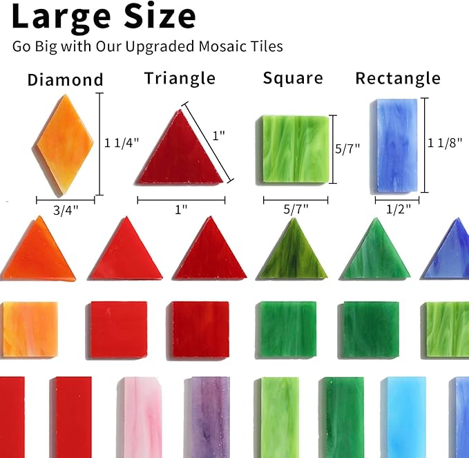 Lanyani Large Glass Tiles for Mosaic Crafts, 1.3 Pounds/250 Pieces Bright Opaque Stained Glass Tiles, Colorful Mosaic Tiles Pieces for Mosaic DIY Hobbies Home Decor, Versatile 4 Shapes Mixed