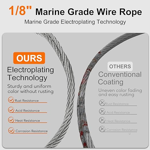 1/8" wire cable, 100ft Wire Rope Metal Cable With Loop Sleeve And Steel Thimble, 7x7 marine stainless steel Strand Core Perfect For Deck Railing System, Outdoor hanging kit, garden fence (SR03)