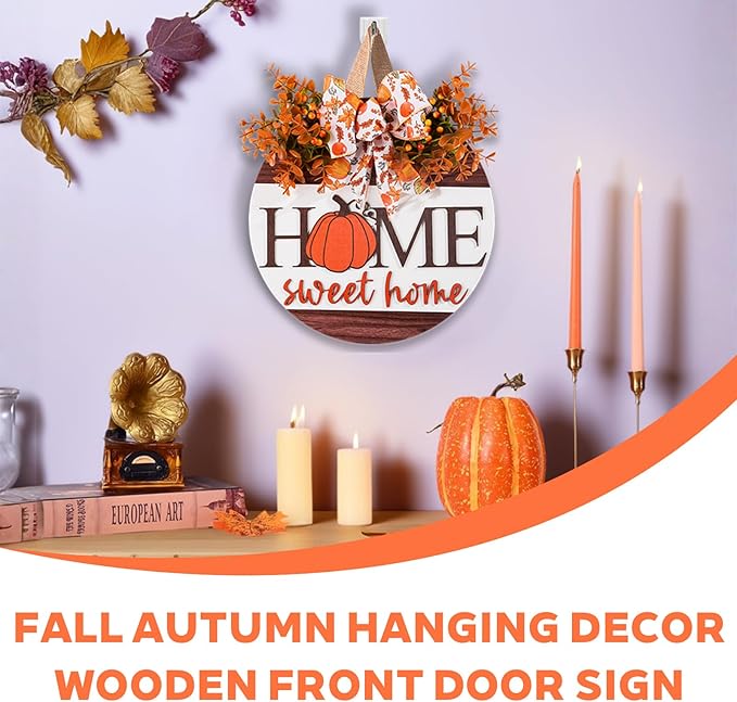 Hello Pumpkin Welcome Wooden Hanging Sign Fall Wreath for Front Door | Fall Autumn Harvest Decor with Bow & Wreath | Farmhouse Rustic Thanksgiving Porch & Wall Plaque | Indoor Outdoor Home Decor