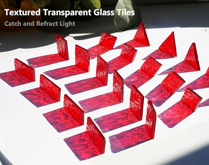 Large Crisp Textured Glass Mosaic Tiles - 200g Stained Glass Pieces, 4 Shapes Pre-Cut for DIY Mosaic Crafts, Blood Red