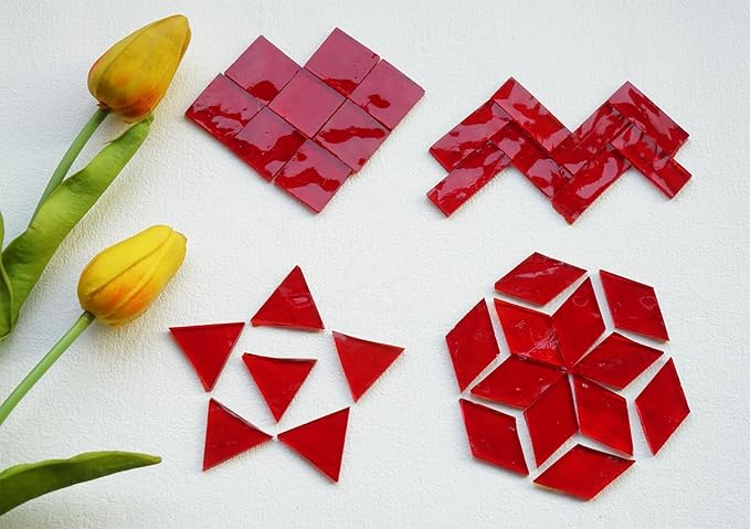 Transparent Textured Stained Glass Pieces, 200G Vibrant 4 Shapes Mosaic Tiles for DIY Crafts Bulk, Mosaic Making Kit, Lipstick Red