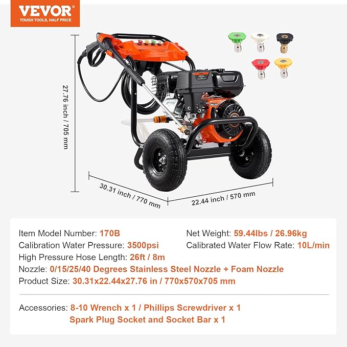 VEVOR Gas Pressure Washer, 3500 PSI 2.6 GPM, Gas Powered Pressure Washer with Aluminum Pump, Spray Gun and Extension Wand, 5 Nozzle Set, for Cars, Fences, Homes, Driveways, Patios Furniture Horizontal