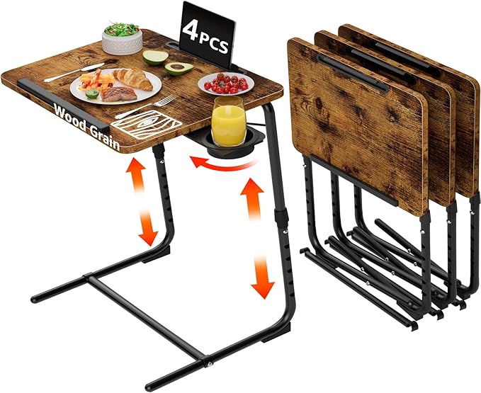 TV Trays Set of 4 - Folding TV Tray Adjustable Dinner Trays for Eating On Couch Wooden Tables Mate Stand Foldable Rustic Desk with Cup Holder Portable