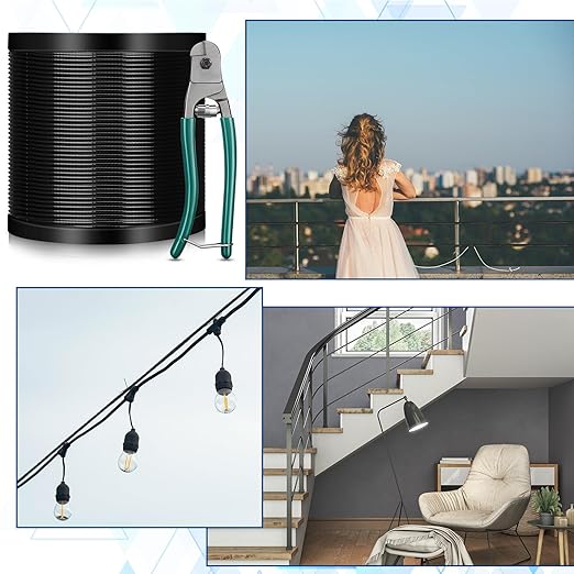 Tandefio 500 ft Vinyl Coated Wire Rope 304 Stainless Steel Black Stainless Wire 1/16 Inch Overmolded to 3/32 Inch with Cutter 7x7 Strands Construction for String Lights Hanging Clothesline Fence