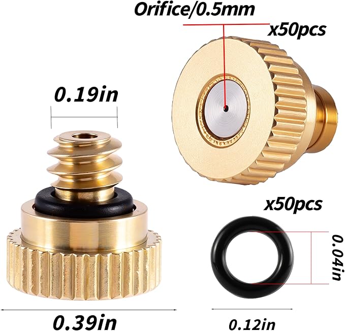 50 Pack Brass Misting Nozzles with 50Pc Brass Misting Nozzles O Ring,Heavy Duty Misting Nozzle 0.02" Orifice (0.5 mm)10/24 UNC for Outdoor Cooling System Dust Control