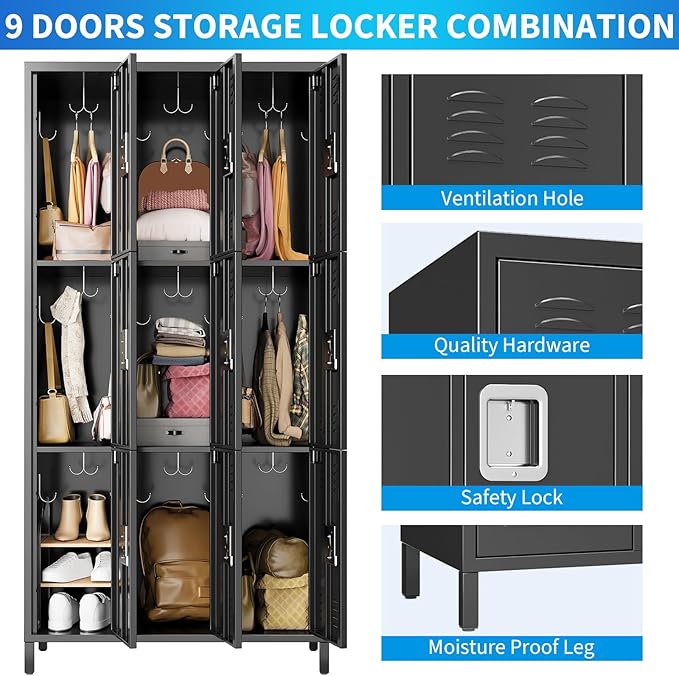 72" Metal Lockers for Employees with 9 Door, Black Metal Storage Cabinet with 27 Hooks, Industrial Locker, Assembly Required, for Gym, School, Classroom, Home, Office, Industrial