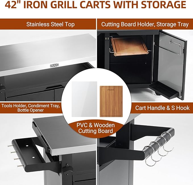 NUUK Outdoor Grill Cart with Storage Cabinet Metal Kitchen Island Prep Table with Movable Universal Wheels and Stainless Steel Top for Outside BBQ Backyard Include Hooks Spice Rack