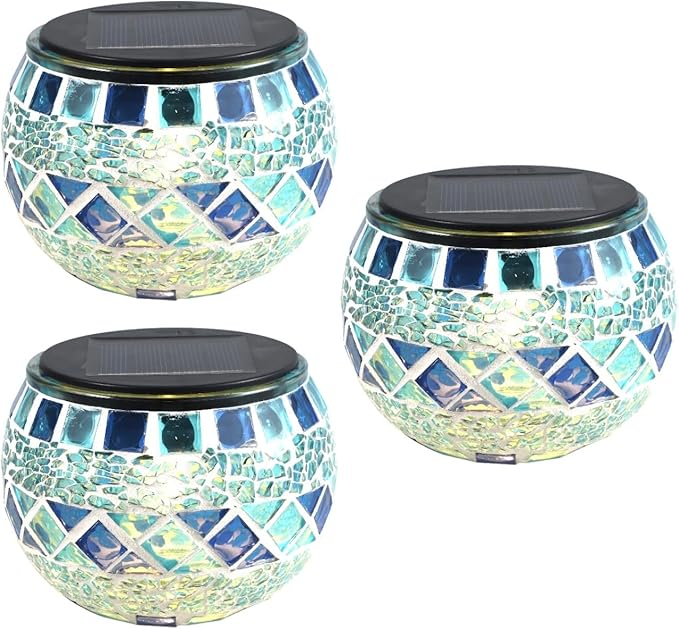 Uonlytech 3Pcs Mosaic Ball Garden Lights Outdoor Mosaic Lawn Lamps Solar Lights Glass Globe Powered Color Changing Solar Lamps Outdoor Indoor Decorations Garden Patio Yard Pathway (Blue)