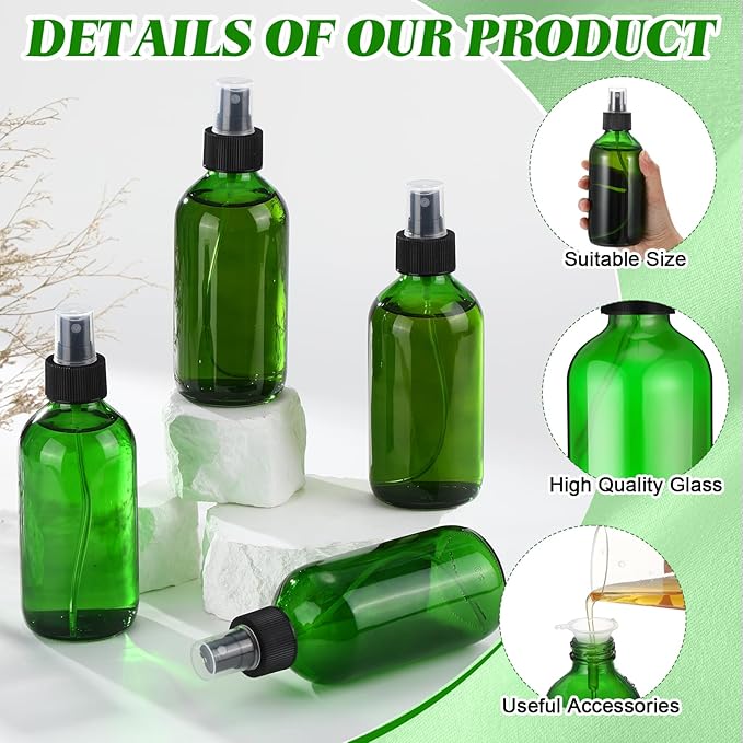 Norme 12 Pcs 8 oz Glass Spray Bottles with Funnels and Labels Refillable Cosmetic Empty Spray Bottles with Sprayer Containers for Essential Oil Cleaning Solutions (Green,Stylish)