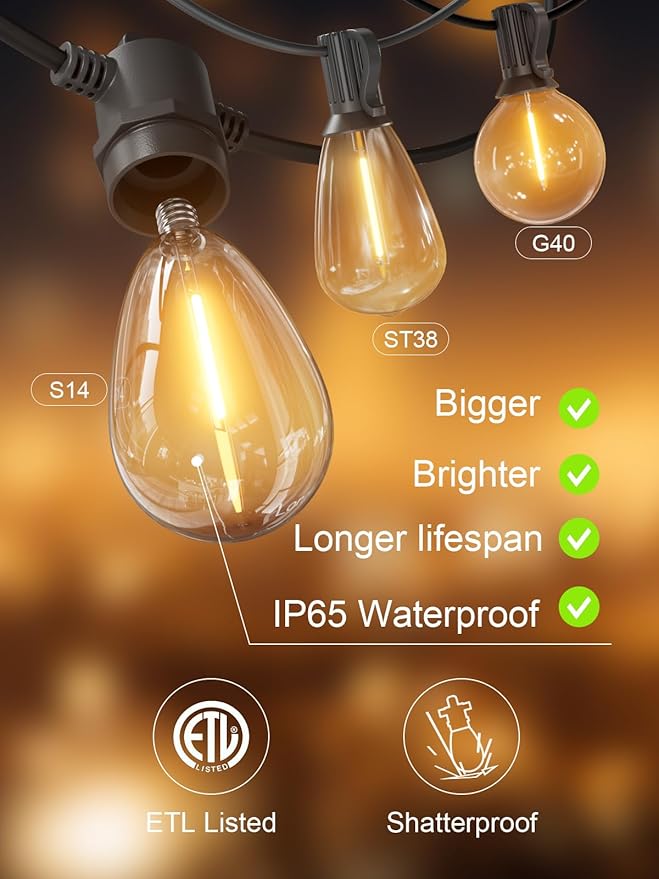 Svater Outdoor String Lights 50 FT, Patio Light for Outside with Shatterproof LED Bulbs, IP65 Waterproof Connectable Hanging Lights for Backyard, Bistro, Cafe, Balcony, Party, Black