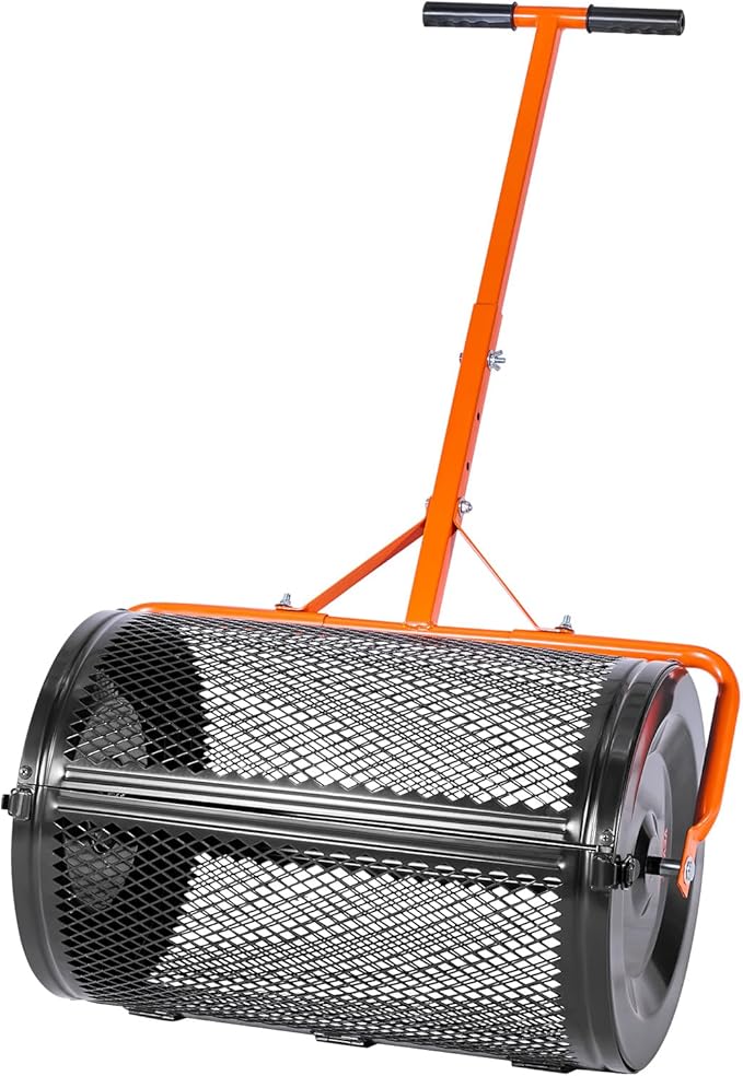 VEVOR Compost Spreader, 24 in Wide Peat Moss Spreader with T Shaped Handle, 3 Heights Adjustable, Powder-Coated Steel Garden Peat Moss Roller, Heavy Duty Grass Seed Spreaders for Planting Seeding