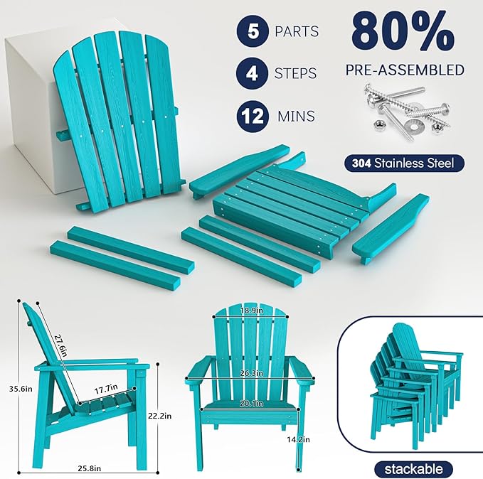 Stackable Adirondack Chair Set of 2, HDPE Outdoor Patio Chair - Durable and Space Saving, Suitable for Porches, Lawns or Garden, Aruba