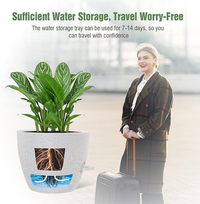 WOUSIWER 10 inch Self Watering Planters, 2 Pack Large Plastic Plant Pots with Deep Reservior and High Drainage Holes for Indoor Outdoor Plants and Flowers, Speckled White