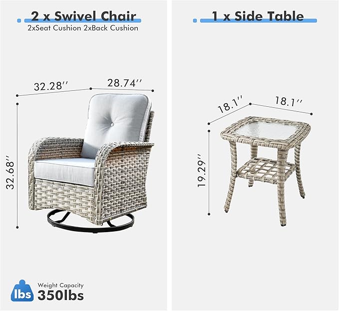 Outdoor Swivel Rocker Patio Chairs with Side Table,Wicker Swivel Rocking Chair Set of 2,3PCS High Back Wicker Patio Furniture Set Glider Chairs for Porch, Balcony, Deck,Yard,Grey