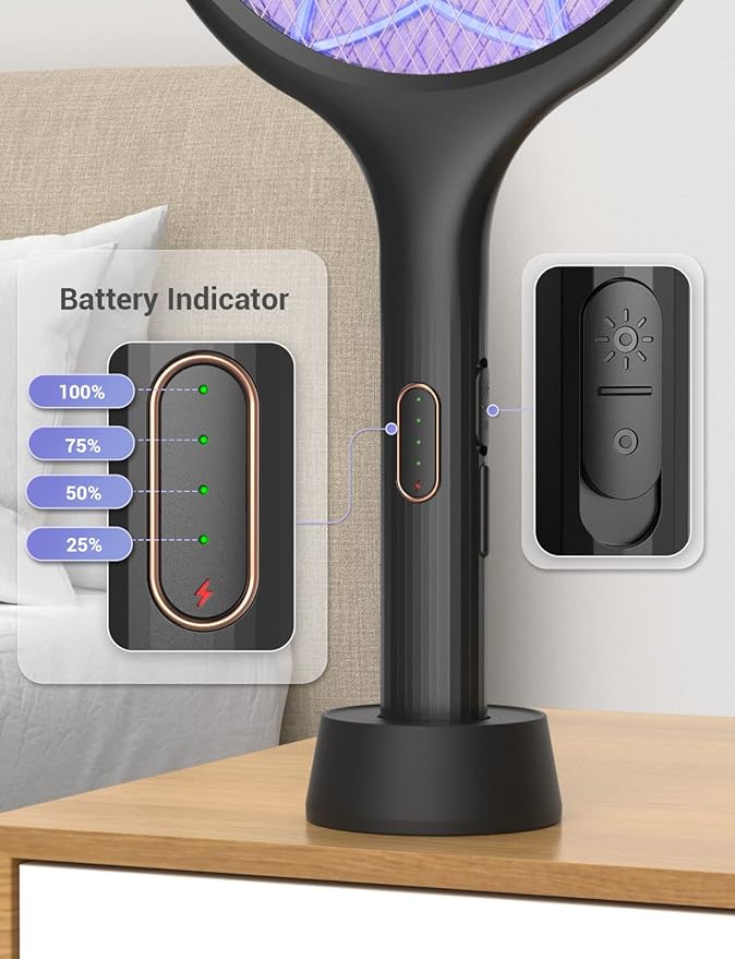 YISSVIC Electric Fly Swatter Bug Zapper Racket Dual Modes Mosquito Killer with Purple Mosquito Light Rechargeable for Indoor Home Office Backyard Patio Camping (Black 2 Pack)