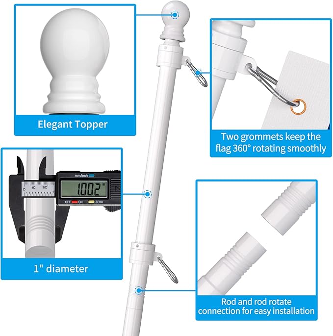 ZMTECH Flag Pole with Solar Light - Adjustable Bracket, 6 FT Stainless Steel Flag Poles for Outside House, Garden or Yard, Tangle Free Flagpole Kit for American Flag (Without Flag, White)